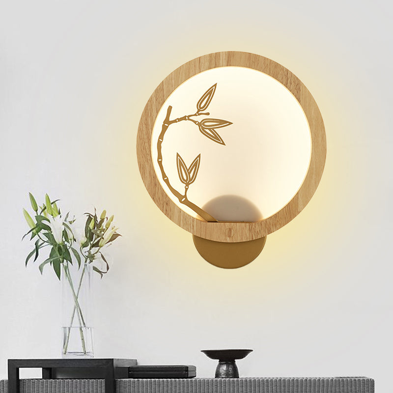 Black/Beige Bamboo Leaf Mural Lamp Chinese Style Wood LED Wall Mount Light Fixture for Bedroom Wood Clearhalo 'Wall Lamps & Sconces' 'Wall Lights' Lighting' 1047438