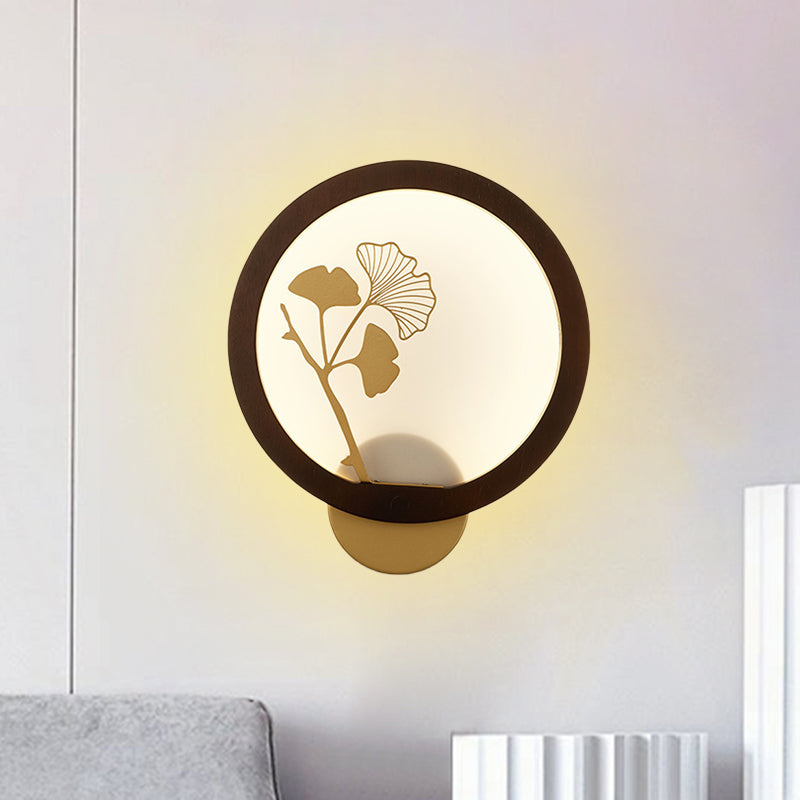 Asian Style Ginkgo Biloba LED Mural Light Wood Family Room Wall Lighting Fixture in Black/Beige Clearhalo 'Wall Lamps & Sconces' 'Wall Lights' Lighting' 1047443