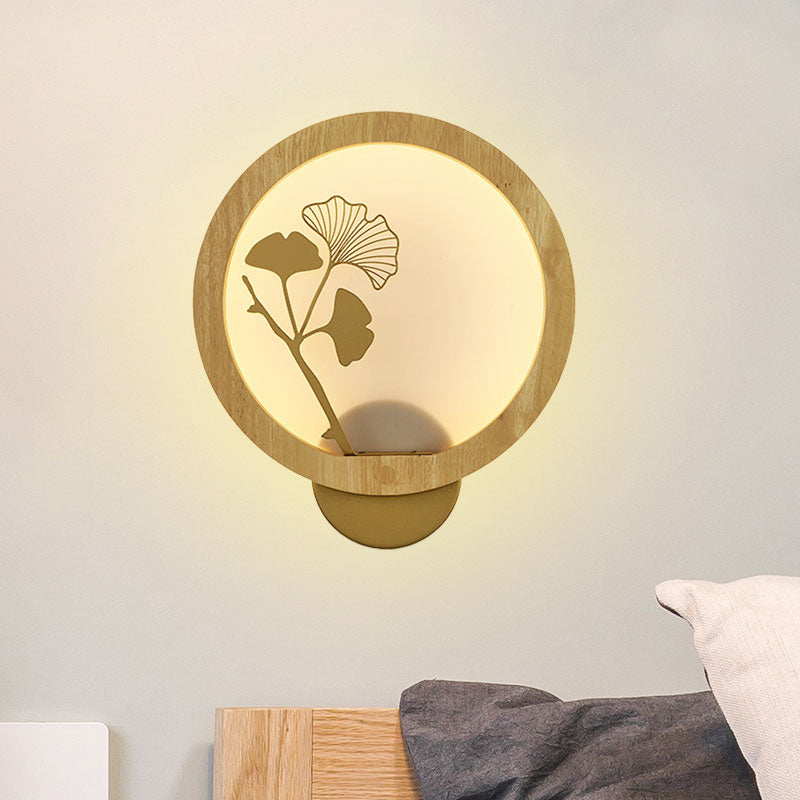 Asian Style Ginkgo Biloba LED Mural Light Wood Family Room Wall Lighting Fixture in Black/Beige Clearhalo 'Wall Lamps & Sconces' 'Wall Lights' Lighting' 1047447