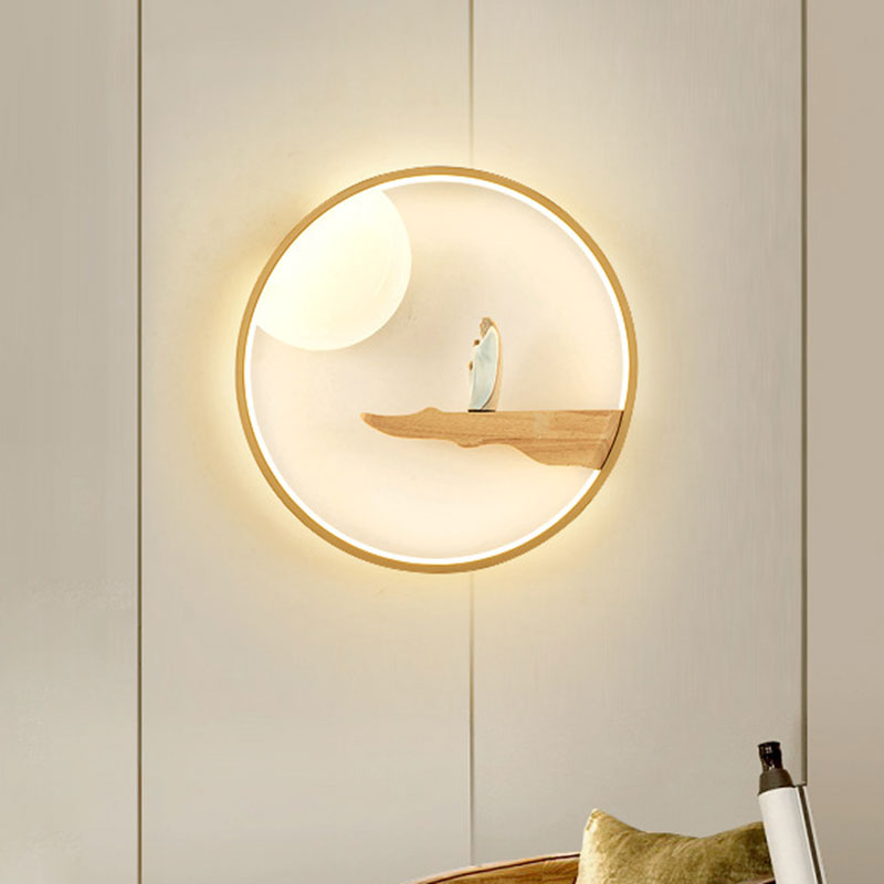 Thinker Study Room Wall Mural Lamp Wood Chinese Style LED Wall Sconce Lighting in Black/Beige Wood Clearhalo 'Wall Lamps & Sconces' 'Wall Lights' Lighting' 1047458