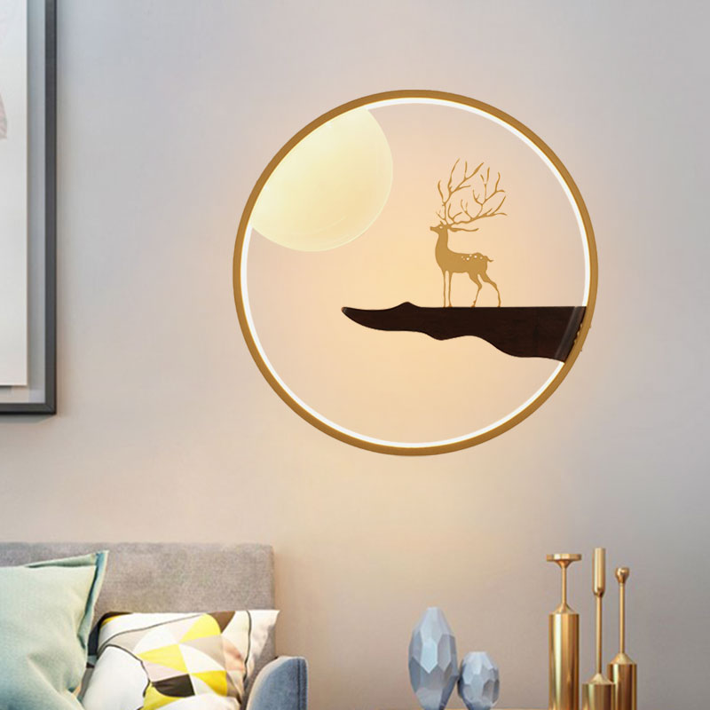 Asian LED Wall Mural Lighting Black/Beige Moon and Deer Wall Mounted Light with Wood Frame Black Clearhalo 'Wall Lamps & Sconces' 'Wall Lights' Lighting' 1047466