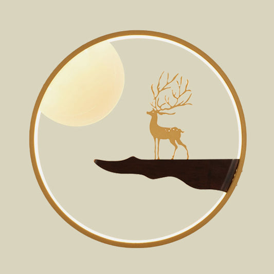 Asian LED Wall Mural Lighting Black/Beige Moon and Deer Wall Mounted Light with Wood Frame Clearhalo 'Wall Lamps & Sconces' 'Wall Lights' Lighting' 1047468