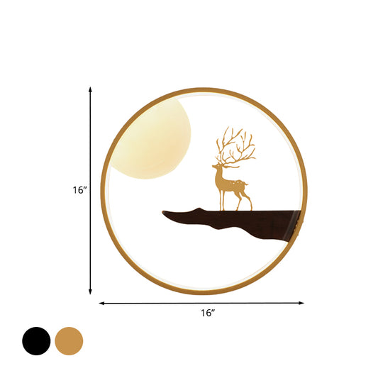 Asian LED Wall Mural Lighting Black/Beige Moon and Deer Wall Mounted Light with Wood Frame Clearhalo 'Wall Lamps & Sconces' 'Wall Lights' Lighting' 1047469