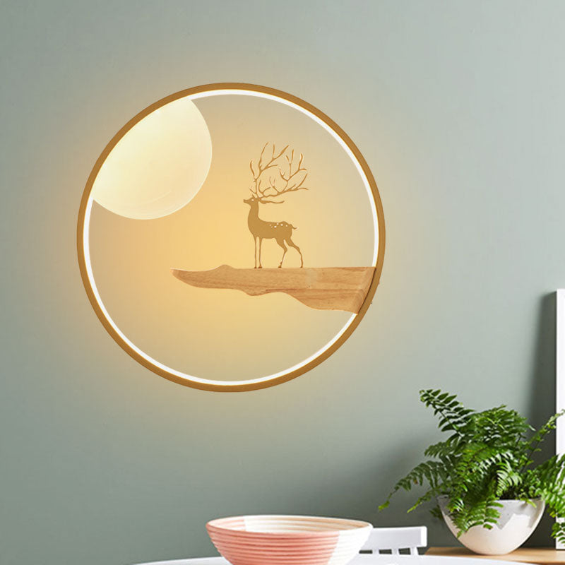 Asian LED Wall Mural Lighting Black/Beige Moon and Deer Wall Mounted Light with Wood Frame Wood Clearhalo 'Wall Lamps & Sconces' 'Wall Lights' Lighting' 1047470