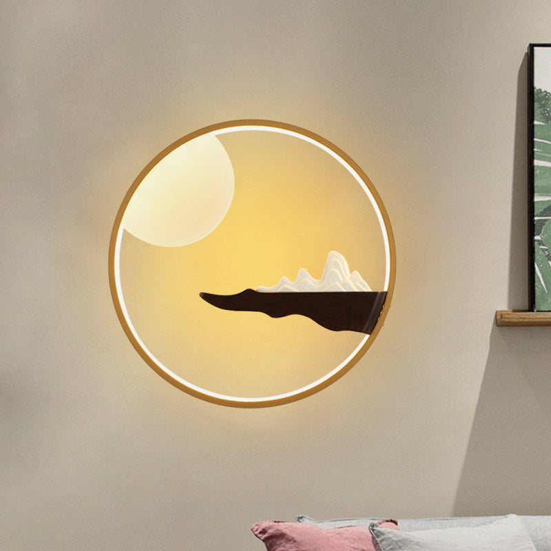 Mountain and Full Moon Wall Mural Light Asia Wooden Black/Beige LED Sconce Lighting for Hotel Black Clearhalo 'Wall Lamps & Sconces' 'Wall Lights' Lighting' 1047474