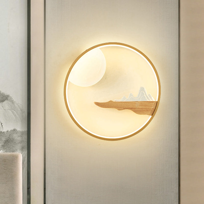 Mountain and Full Moon Wall Mural Light Asia Wooden Black/Beige LED Sconce Lighting for Hotel Clearhalo 'Wall Lamps & Sconces' 'Wall Lights' Lighting' 1047480