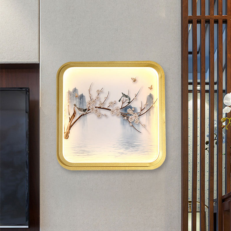 Asia LED Wall Mount Mural Light Gold/Khaki Lake and Flower Branch Painting Sconce Lighting with Fabric Shade Gold Clearhalo 'Wall Lamps & Sconces' 'Wall Lights' Lighting' 1047510