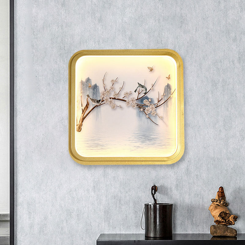 Asia LED Wall Mount Mural Light Gold/Khaki Lake and Flower Branch Painting Sconce Lighting with Fabric Shade Clearhalo 'Wall Lamps & Sconces' 'Wall Lights' Lighting' 1047511