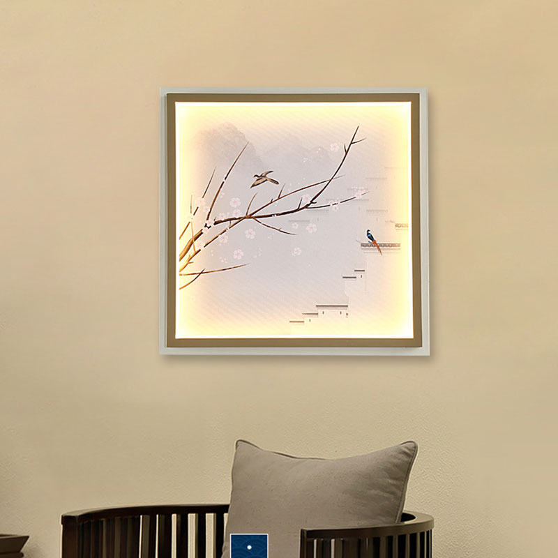 Asia LED Wall Mount Mural Light Gold/Khaki Lake and Flower Branch Painting Sconce Lighting with Fabric Shade Clearhalo 'Wall Lamps & Sconces' 'Wall Lights' Lighting' 1047515