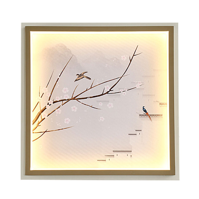 Asia LED Wall Mount Mural Light Gold/Khaki Lake and Flower Branch Painting Sconce Lighting with Fabric Shade Clearhalo 'Wall Lamps & Sconces' 'Wall Lights' Lighting' 1047517