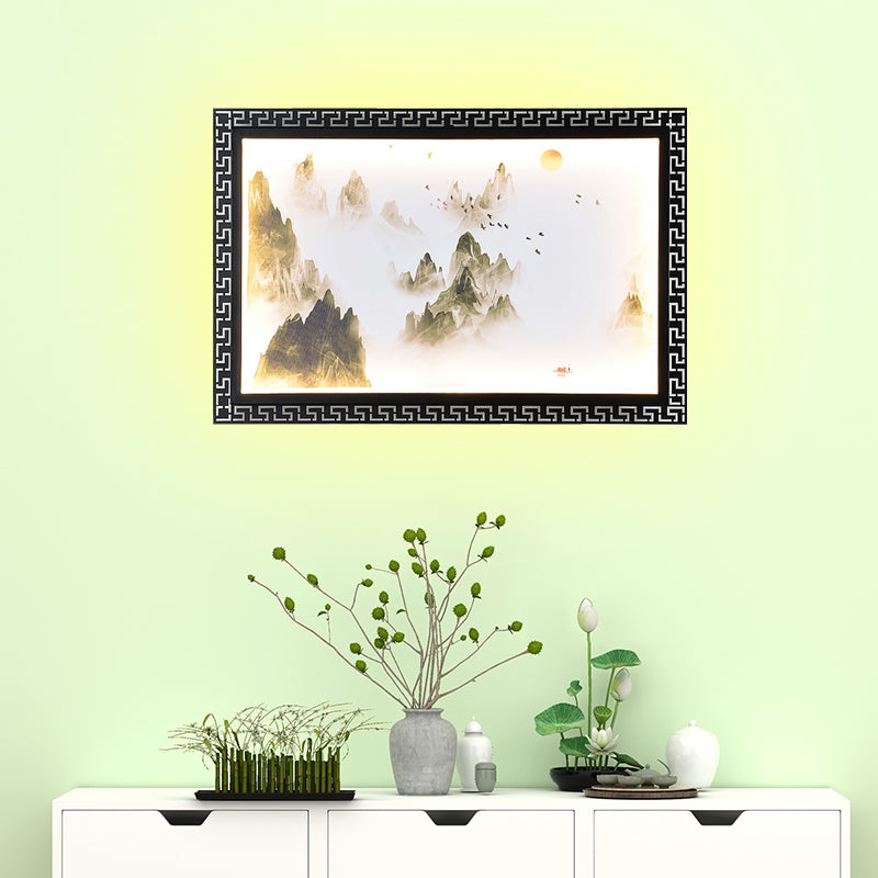 Paradise/Misty Mountain Wall Sconce Chinese Fabric LED Black Wall Mural Lighting for Home Decoration Black B Clearhalo 'Wall Lamps & Sconces' 'Wall Lights' Lighting' 1047526