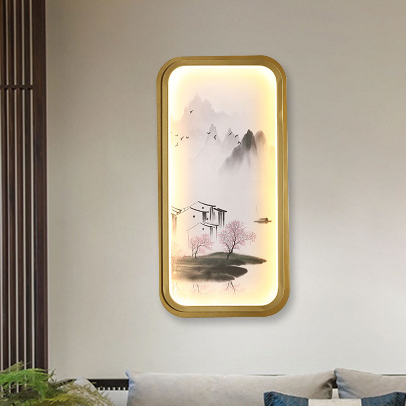 Chinese Ink Village/Lotus Mural Lamp Fabric Family Room LED Wall Mount Light in Gold Gold B Clearhalo 'Wall Lamps & Sconces' 'Wall Lights' Lighting' 1047539