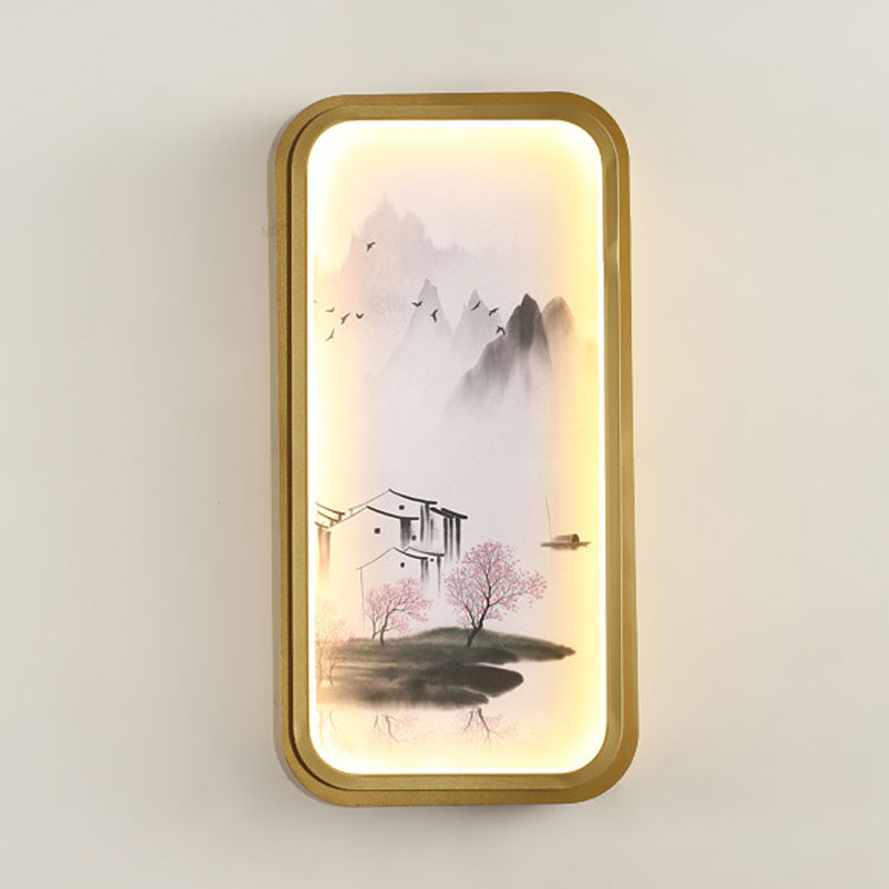 Chinese Ink Village/Lotus Mural Lamp Fabric Family Room LED Wall Mount Light in Gold Clearhalo 'Wall Lamps & Sconces' 'Wall Lights' Lighting' 1047542