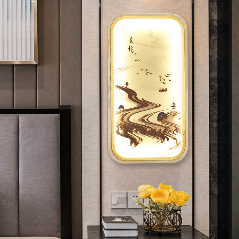 Path Drawing Fabric Mural Lighting Asian Gold LED Wall Mounted Lamp for Living Room Gold Clearhalo 'Wall Lamps & Sconces' 'Wall Lights' Lighting' 1047544