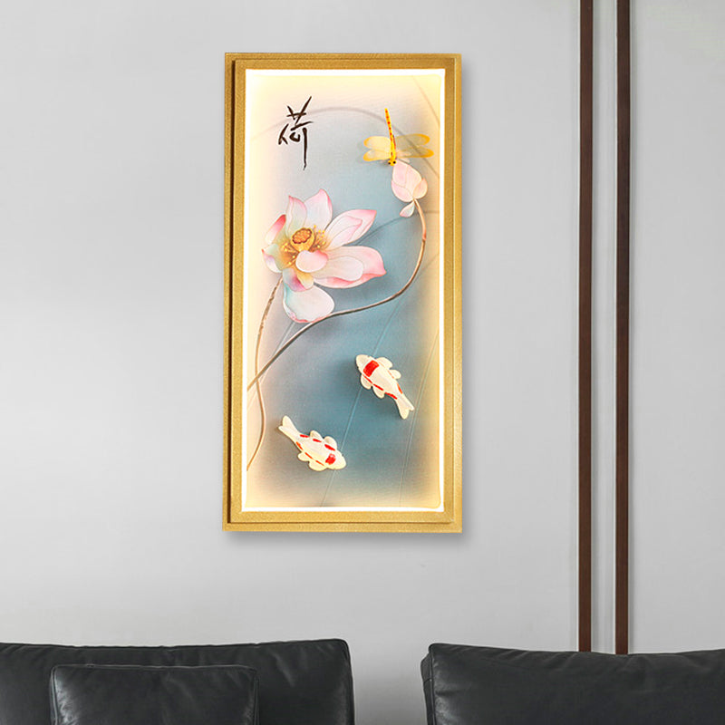 Asia Lotus Fabric Wall Mount Mural Lamp LED Flush Mount Wall Sconce in Gold for Bedroom Clearhalo 'Wall Lamps & Sconces' 'Wall Lights' Lighting' 1047557