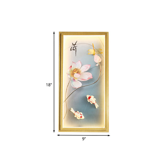 Asia Lotus Fabric Wall Mount Mural Lamp LED Flush Mount Wall Sconce in Gold for Bedroom Clearhalo 'Wall Lamps & Sconces' 'Wall Lights' Lighting' 1047560