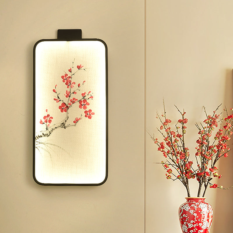 Fabric Blooming Lotus/Peach Mural Lamp Chinese Black LED Wall Mounted Lighting for Bedroom Black B Clearhalo 'Wall Lamps & Sconces' 'Wall Lights' Lighting' 1047578