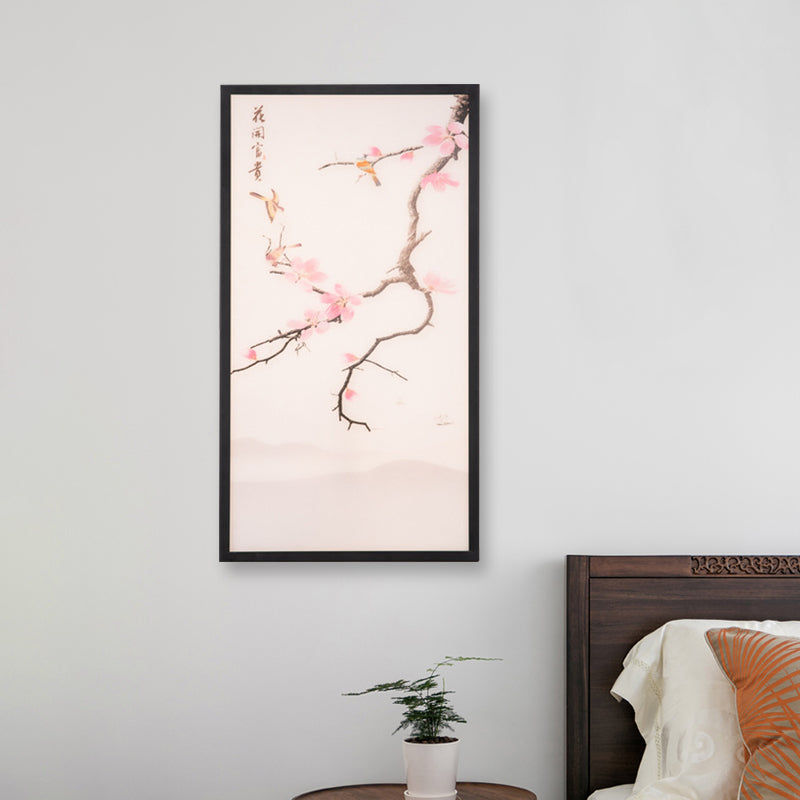 Asian Style LED Wall Mount Mural Light Black Bird and Peach Blossom Painting Sconce with Fabric Shade, 18"/29.5" H Black 18" Clearhalo 'Wall Lamps & Sconces' 'Wall Lights' Lighting' 1047583