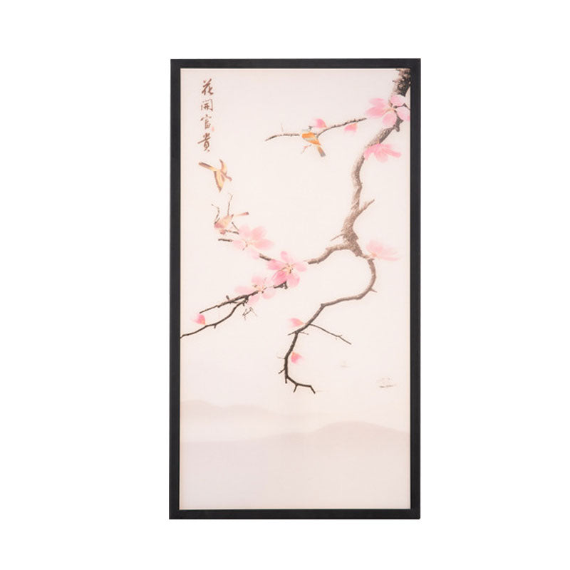 Asian Style LED Wall Mount Mural Light Black Bird and Peach Blossom Painting Sconce with Fabric Shade, 18"/29.5" H Clearhalo 'Wall Lamps & Sconces' 'Wall Lights' Lighting' 1047585