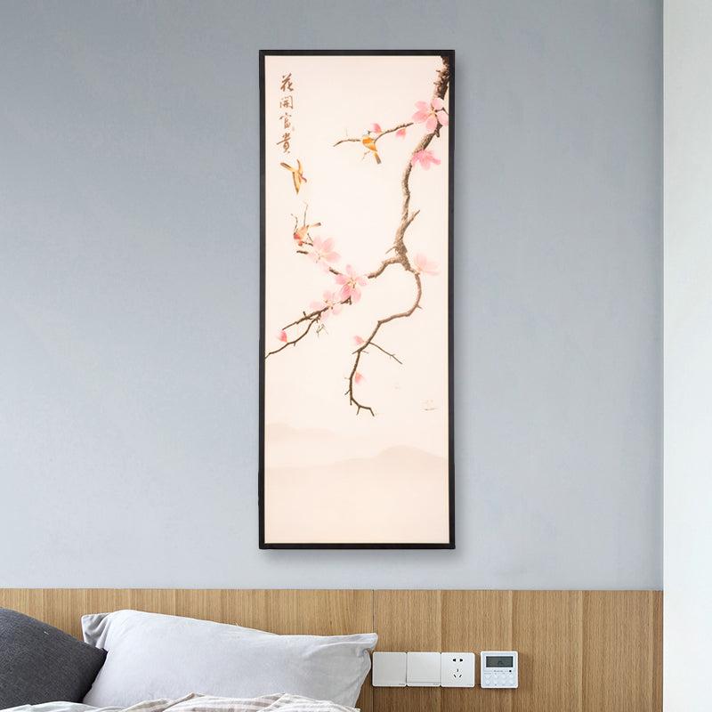 Asian Style LED Wall Mount Mural Light Black Bird and Peach Blossom Painting Sconce with Fabric Shade, 18"/29.5" H Black 29.5" Clearhalo 'Wall Lamps & Sconces' 'Wall Lights' Lighting' 1047587