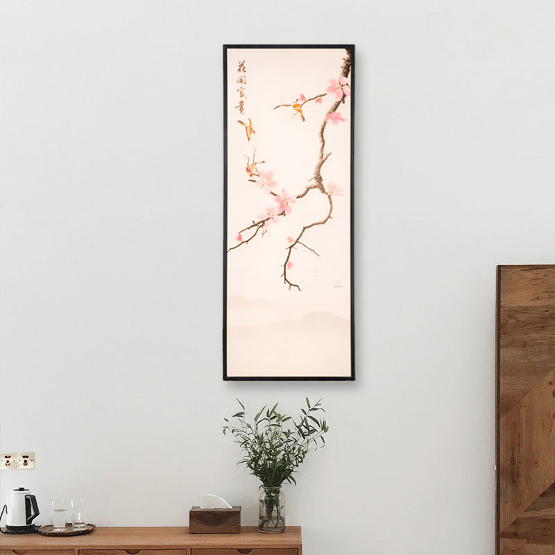 Asian Style LED Wall Mount Mural Light Black Bird and Peach Blossom Painting Sconce with Fabric Shade, 18"/29.5" H Clearhalo 'Wall Lamps & Sconces' 'Wall Lights' Lighting' 1047588