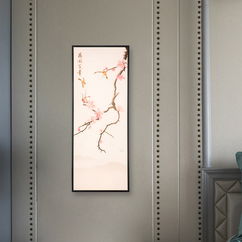 Asian Style LED Wall Mount Mural Light Black Bird and Peach Blossom Painting Sconce with Fabric Shade, 18"/29.5" H Clearhalo 'Wall Lamps & Sconces' 'Wall Lights' Lighting' 1047589