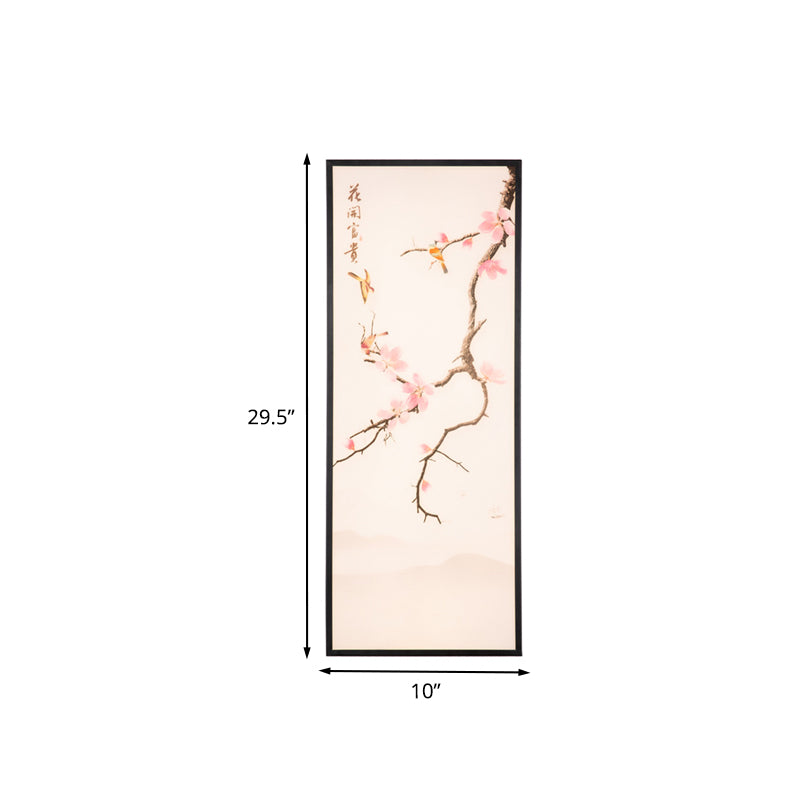 Asian Style LED Wall Mount Mural Light Black Bird and Peach Blossom Painting Sconce with Fabric Shade, 18"/29.5" H Clearhalo 'Wall Lamps & Sconces' 'Wall Lights' Lighting' 1047591