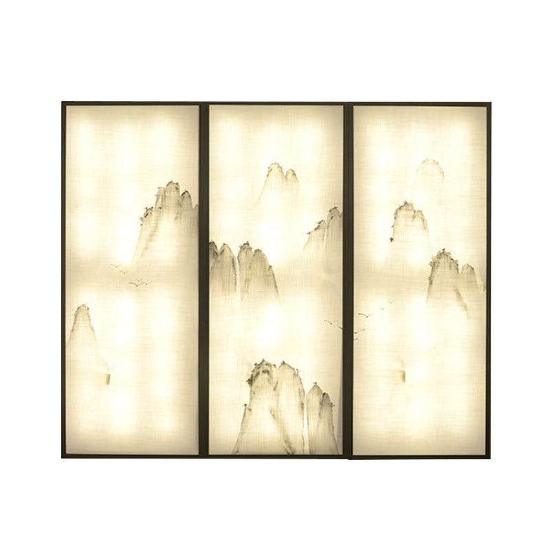 Hills Drawing Bedroom Wall Mural Light Fabric Asian 16"/35.5" W LED Sconce Lighting in Black Clearhalo 'Wall Lamps & Sconces' 'Wall Lights' Lighting' 1047593