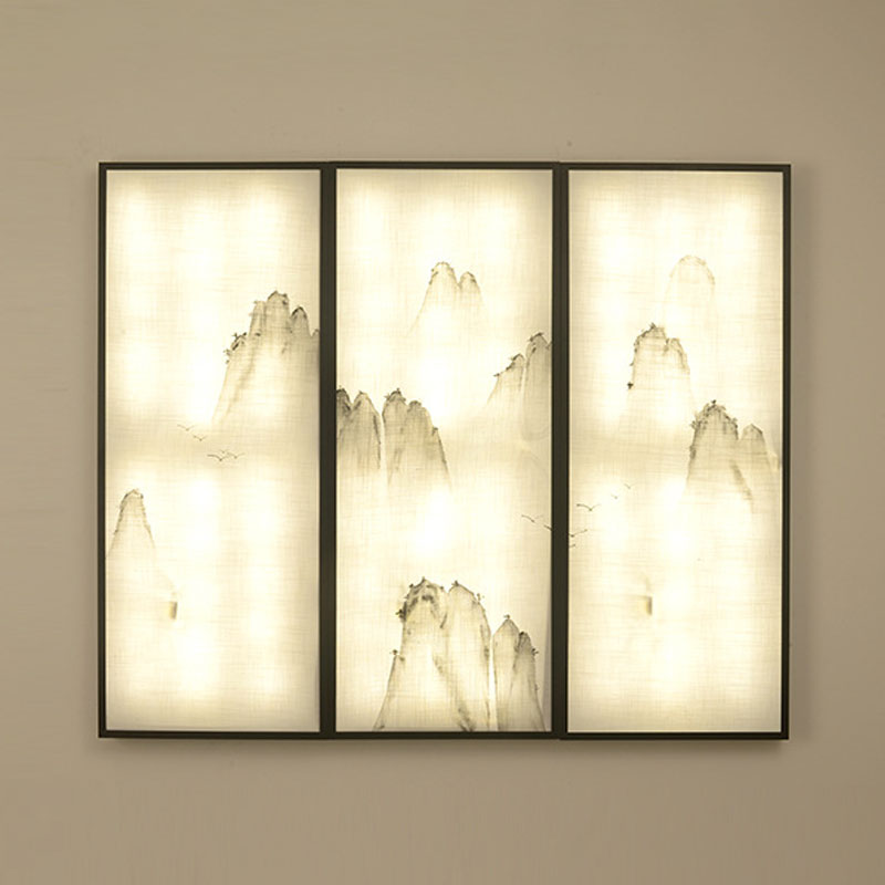 Hills Drawing Bedroom Wall Mural Light Fabric Asian 16"/35.5" W LED Sconce Lighting in Black Clearhalo 'Wall Lamps & Sconces' 'Wall Lights' Lighting' 1047594