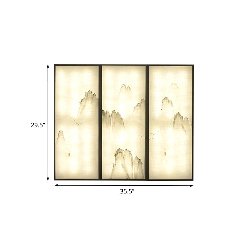 Hills Drawing Bedroom Wall Mural Light Fabric Asian 16"/35.5" W LED Sconce Lighting in Black Clearhalo 'Wall Lamps & Sconces' 'Wall Lights' Lighting' 1047595