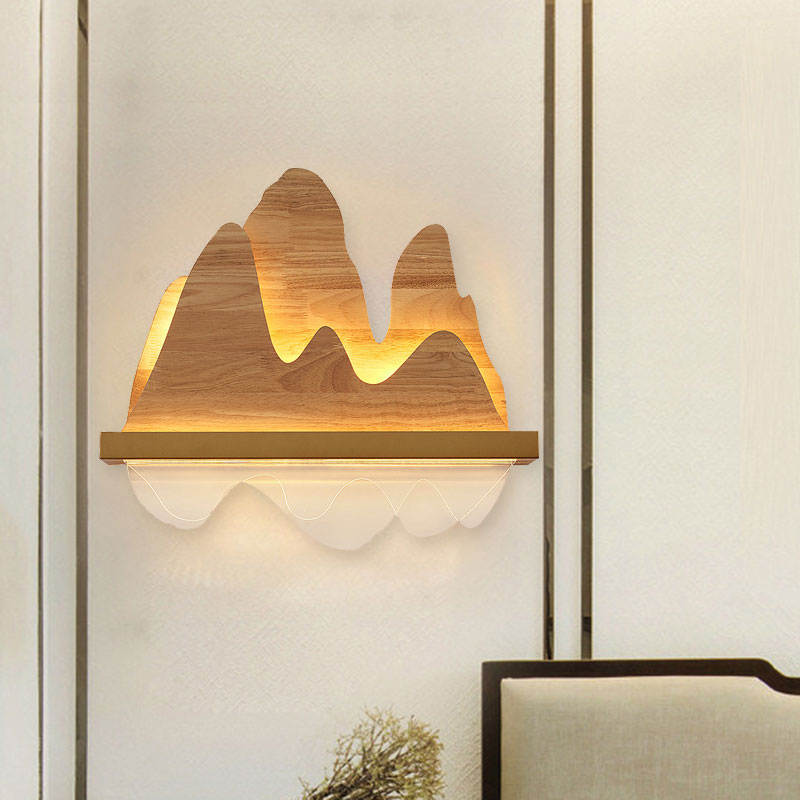 Asian Mountain Wooden Mural Light Fixture LED Wall Mount Lighting in Beige for Sitting Room Clearhalo 'Wall Lamps & Sconces' 'Wall Lights' Lighting' 1047602