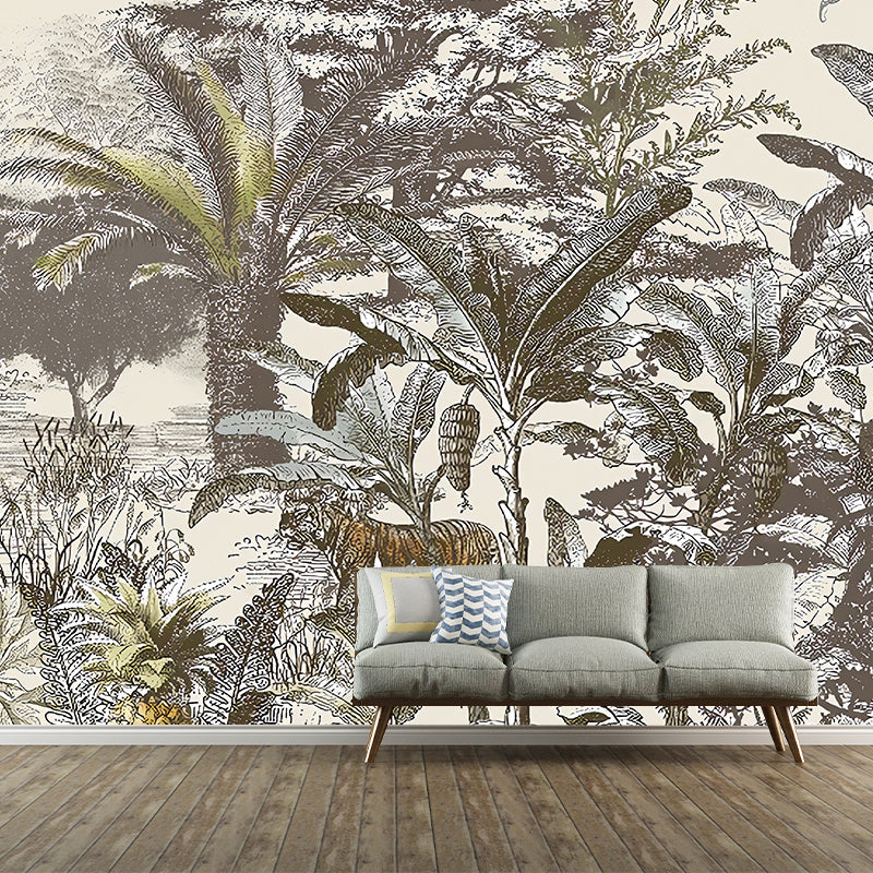 Whole Animal and Plants Mural for Coffee Shop Jungle Wall Art in Grey, Stain-Resistant Clearhalo 'Wall Decor' 'Wall Mural' 1048182