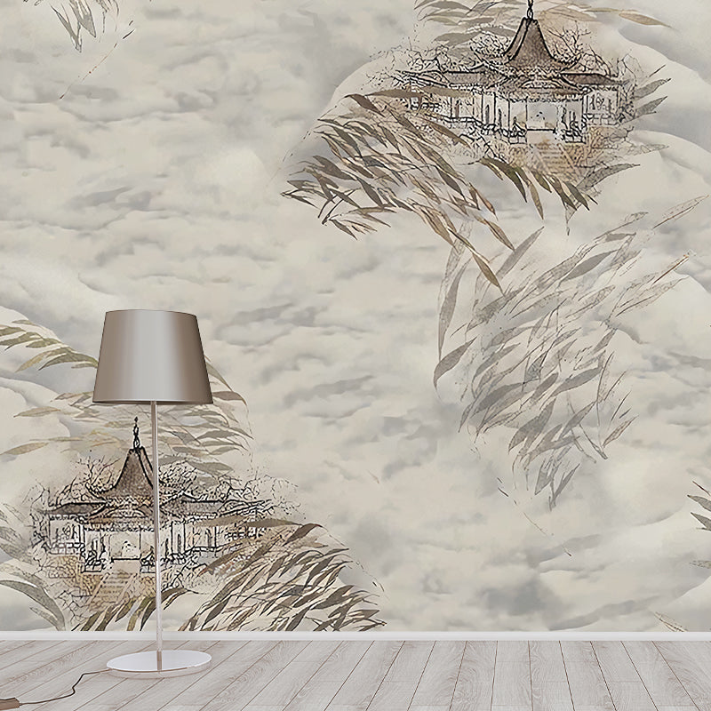 Stain-Resistant Loft and Leaves Mural Customized Size Asia Inspired Wall Decor for Guest Room Clearhalo 'Wall Decor' 'Wall Mural' 1048207