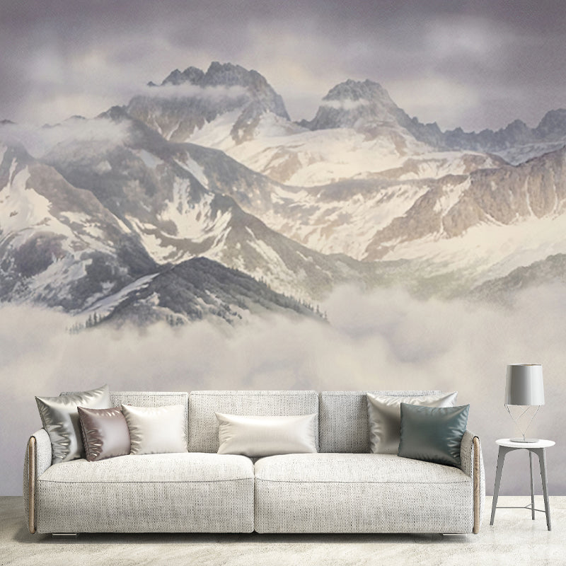 White and Grey Mountain Mural Stain-Resistant Wall Covering for Bedroom Decoration White-Gray Clearhalo 'Wall Decor' 'Wall Mural' 1048248