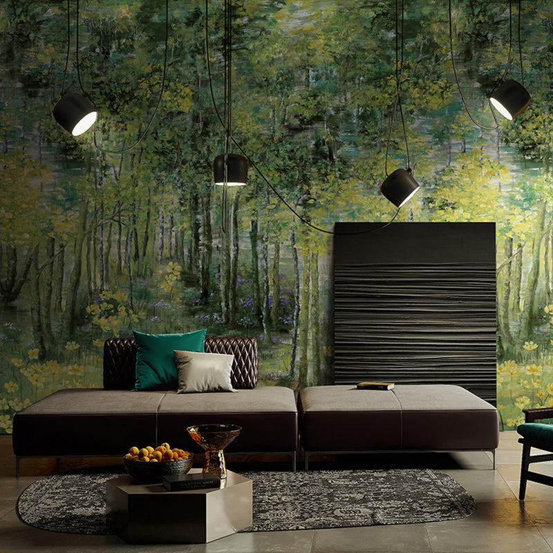 Large Illustration Deep Forest Mural for Guest Room Decor with Deep Forest Design in Dark Green Green Clearhalo 'Wall Decor' 'Wall Mural' 1048268