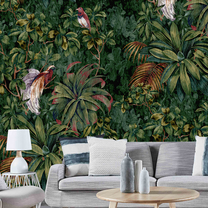 Big Photo Style Birds Mural Wallpaper for Living Room Decoration in Green, Custom Size Available Green Clearhalo 'Wall Decor' 'Wall Mural' 1048273