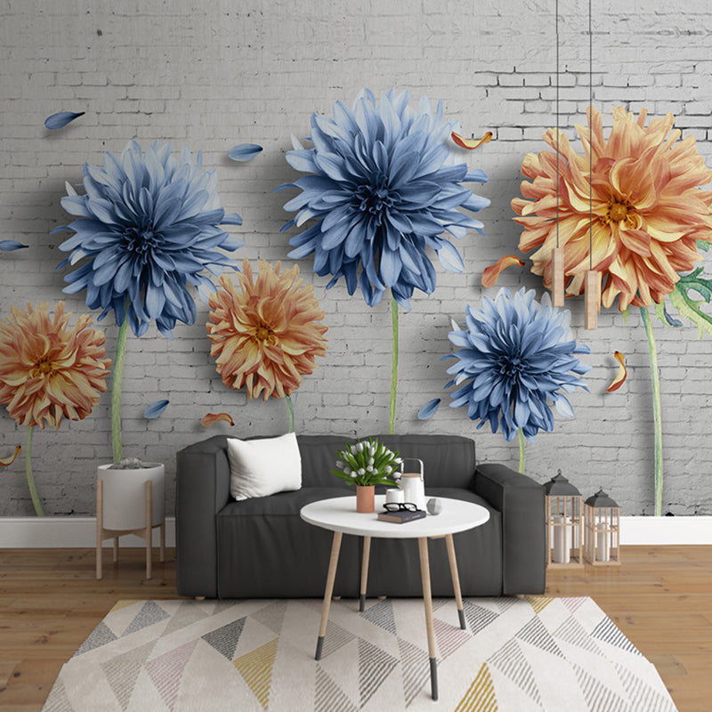 Big Blossoming Flower Wall Mural in Blue and Yellow Wall Covering for Home Decor, Custom-Made Blue-Yellow Clearhalo 'Wall Decor' 'Wall Mural' 1048323