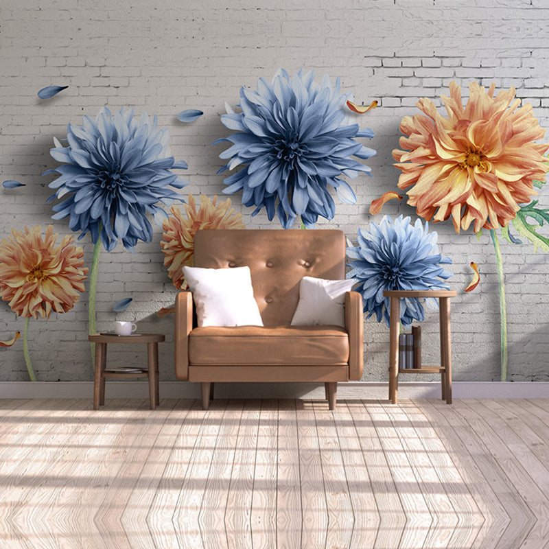 Big Blossoming Flower Wall Mural in Blue and Yellow Wall Covering for Home Decor, Custom-Made Clearhalo 'Wall Decor' 'Wall Mural' 1048325