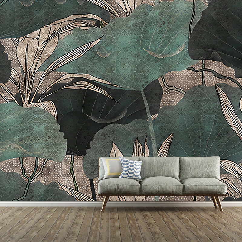 Big Asia Inspired Wall Mural in Green Lotus Leaves Wall Art, Custom Size Available Green Clearhalo 'Wall Decor' 'Wall Mural' 1048379