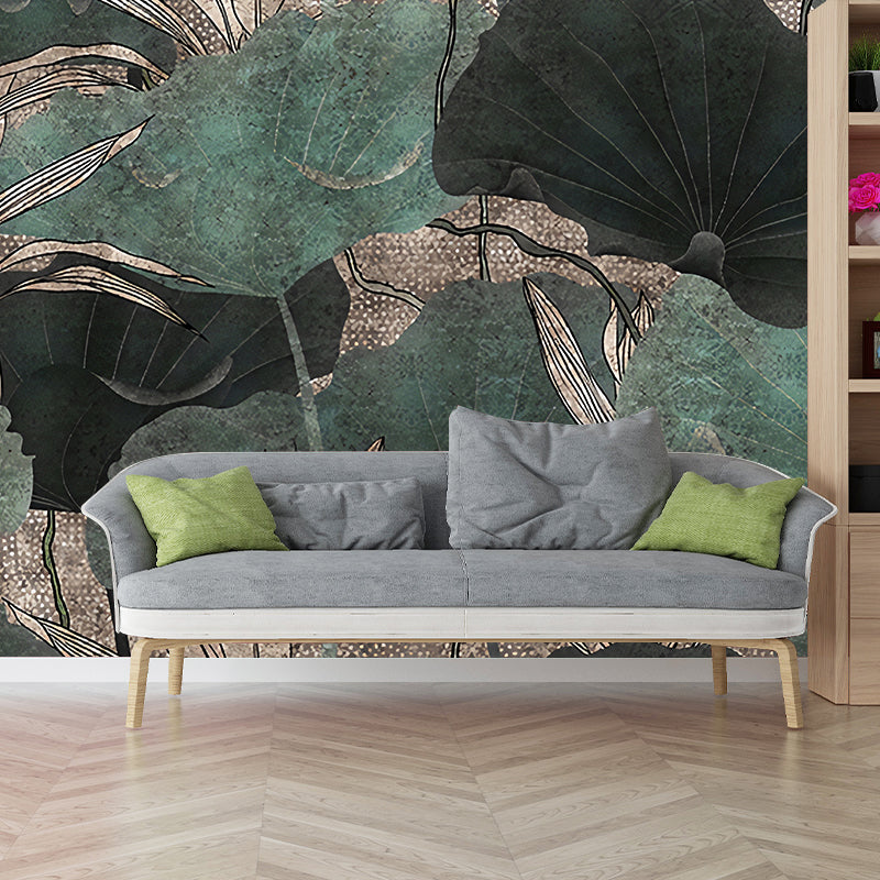 Big Asia Inspired Wall Mural in Green Lotus Leaves Wall Art, Custom Size Available Clearhalo 'Wall Decor' 'Wall Mural' 1048380