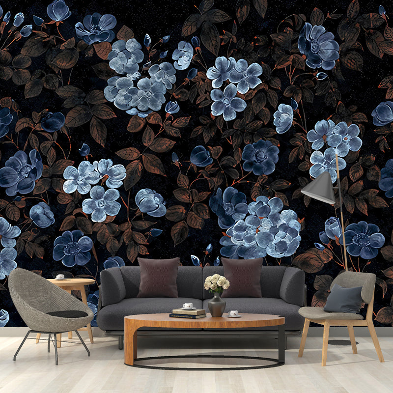 Blue and Black Flower Mural Wallpaper Bedroom Decorative Wall Art, Personalized Size Available Clearhalo 'Wall Decor' 'Wall Mural' 1048404