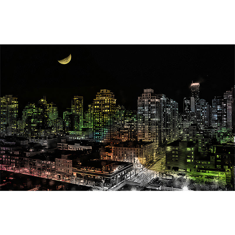 Whole Night City Wall Mural Non-Woven Fabric Wall Covering for Home Decoration, Custom Size Available Clearhalo 'Wall Decor' 'Wall Mural' 1048415