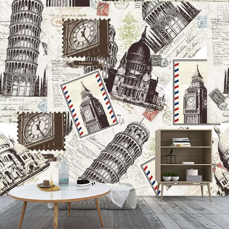 Big Retro Mural Wallpaper in Brown Eiffel Tower and Big Ben Wall Decor, Made to Measure Clearhalo 'Wall Decor' 'Wall Mural' 1048474