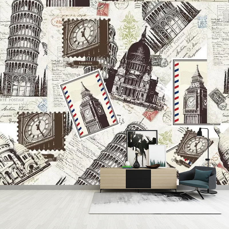 Big Retro Mural Wallpaper in Brown Eiffel Tower and Big Ben Wall Decor, Made to Measure Clearhalo 'Wall Decor' 'Wall Mural' 1048475