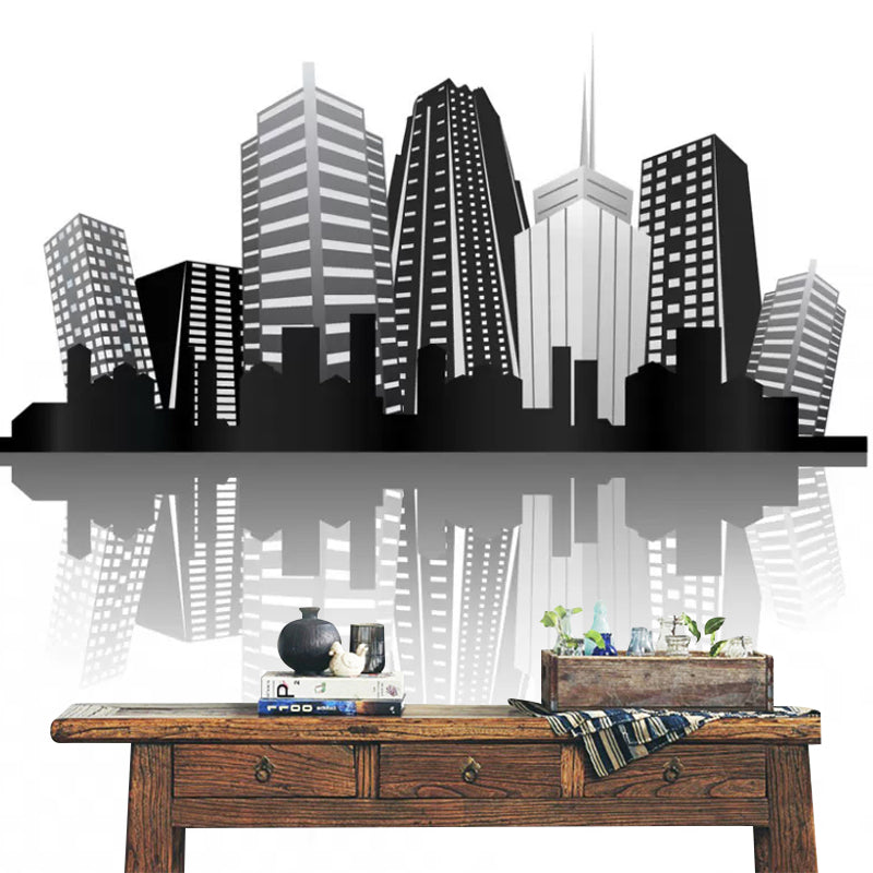 Whole Skyscrapers Wall Mural Decal for Office Room City Scenery Wall Art in Black and White, Stain-Resistant Black-White Clearhalo 'Wall Decor' 'Wall Mural' 1048545