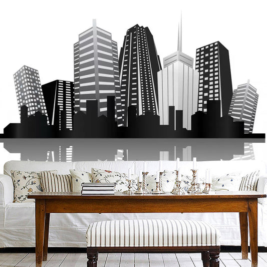 Whole Skyscrapers Wall Mural Decal for Office Room City Scenery Wall Art in Black and White, Stain-Resistant Clearhalo 'Wall Decor' 'Wall Mural' 1048546