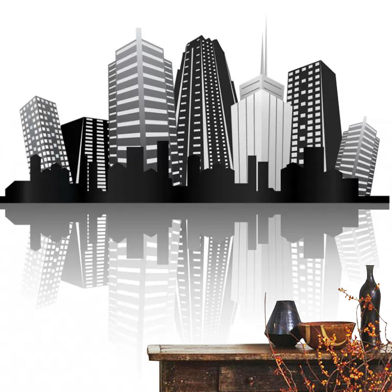 Whole Skyscrapers Wall Mural Decal for Office Room City Scenery Wall Art in Black and White, Stain-Resistant Clearhalo 'Wall Decor' 'Wall Mural' 1048547