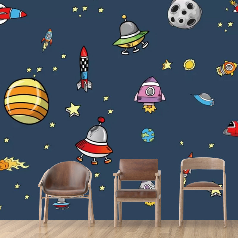 Whole Rocket and Planet Mural for Children Stars Wall Covering in Dark Blue, Stain-Resistant Dark Blue Clearhalo 'Wall Decor' 'Wall Mural' 1048624