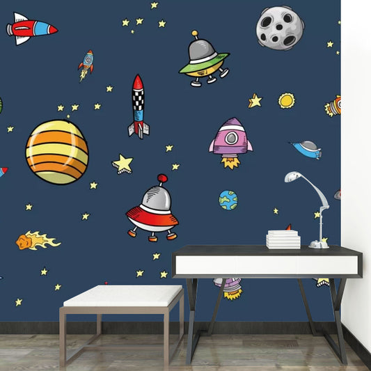 Whole Rocket and Planet Mural for Children Stars Wall Covering in Dark Blue, Stain-Resistant Clearhalo 'Wall Decor' 'Wall Mural' 1048626