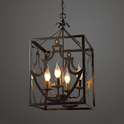 Black 4 Bulbs Ceiling Light Fixture Farmhouse Style Metal Rectangle Cage Chandelier Lighting over Table Clearhalo 'Ceiling Lights' 'Chandeliers' Lighting' options 104866